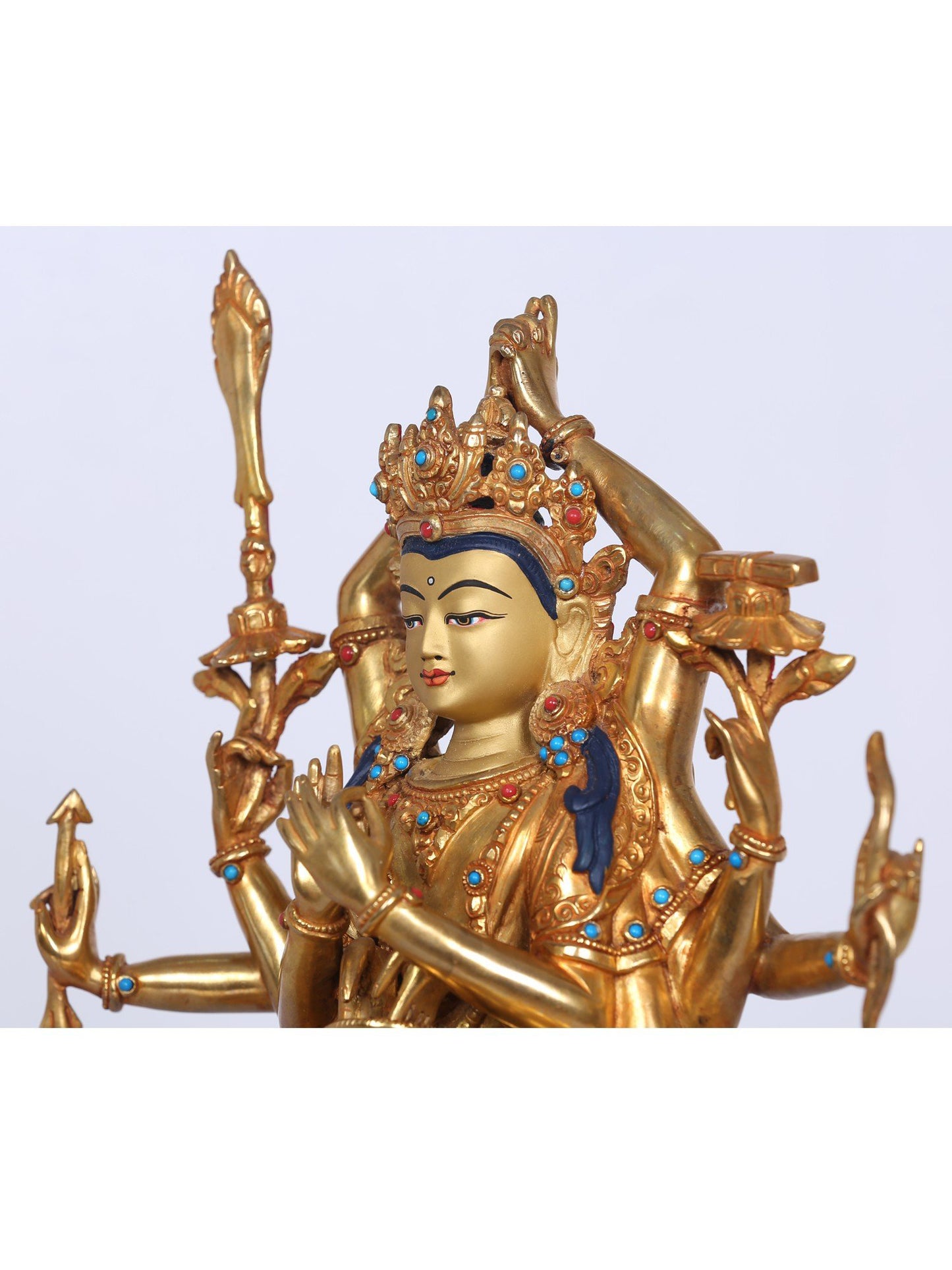 9" Manjushri Copper Statue From Nepal | Handmade Idol | Stone Work| Copper And Gold Gilded