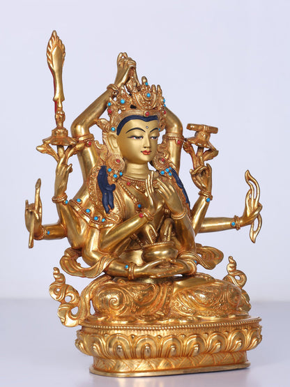 9" Manjushri Copper Statue From Nepal | Handmade Idol | Stone Work| Copper And Gold Gilded