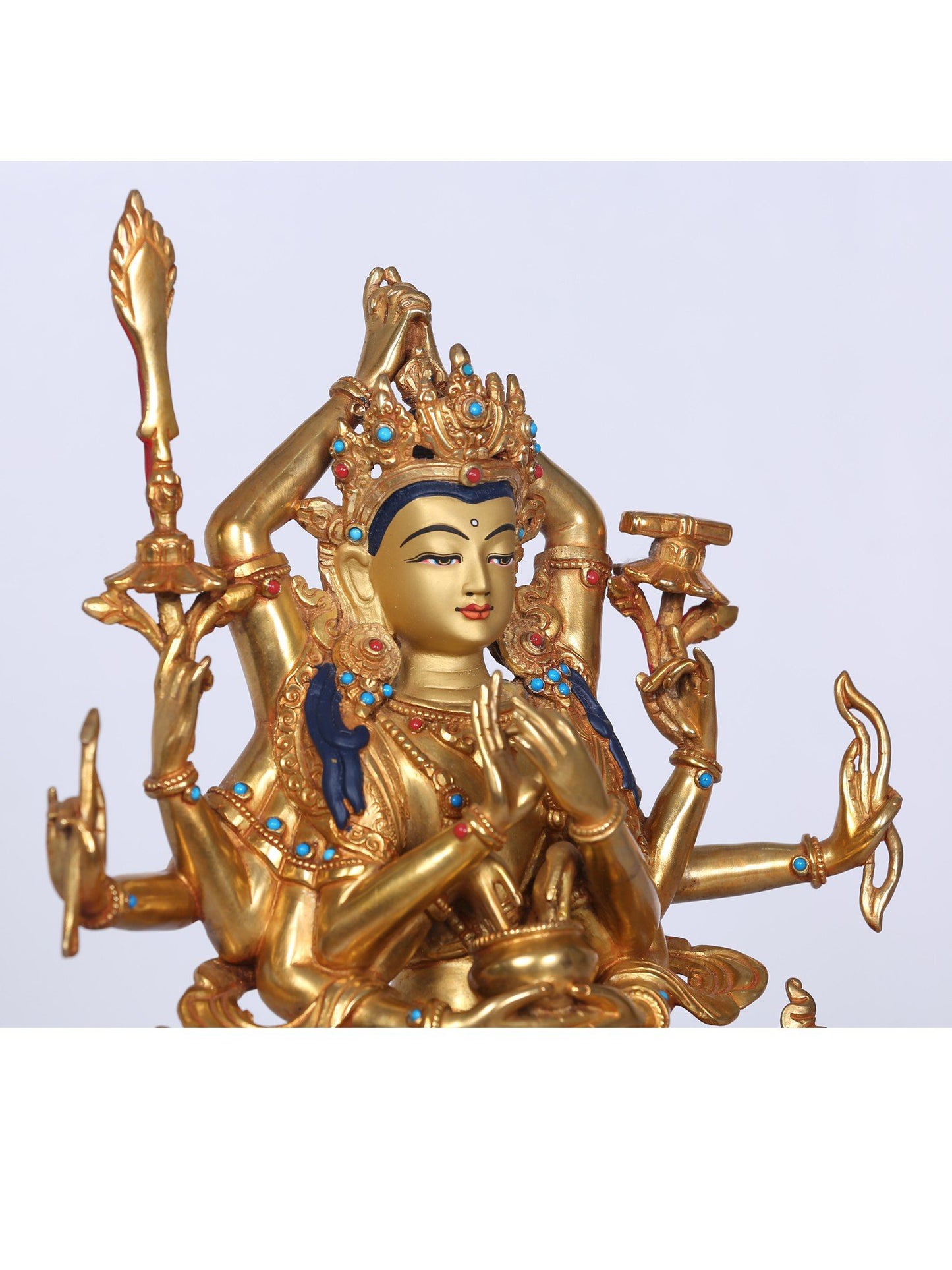 9" Manjushri Copper Statue From Nepal | Handmade Idol | Stone Work| Copper And Gold Gilded