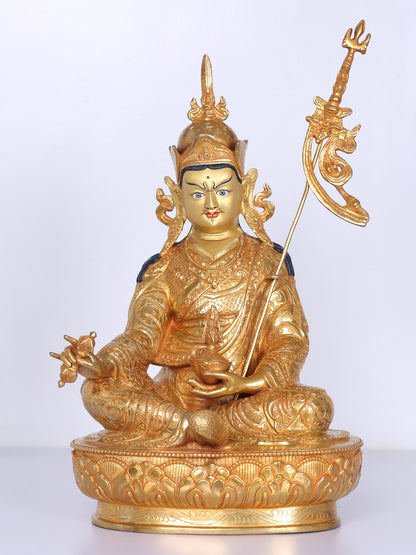 14" Guru Padmasambhava Statue From Nepal | Handmade Idol |  Copper With Gilded Gold  Statue