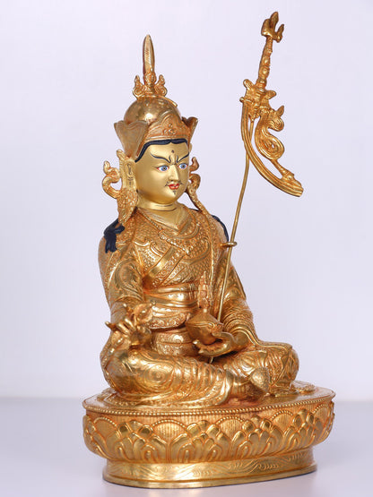 14" Guru Padmasambhava Statue From Nepal | Handmade Idol |  Copper With Gilded Gold  Statue