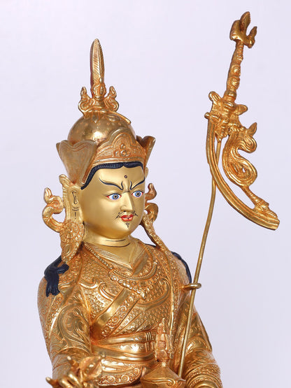 14" Guru Padmasambhava Statue From Nepal | Handmade Idol |  Copper With Gilded Gold  Statue