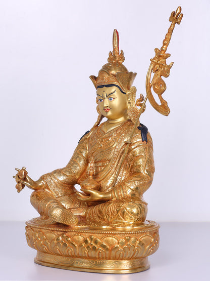 14" Guru Padmasambhava Statue From Nepal | Handmade Idol |  Copper With Gilded Gold  Statue