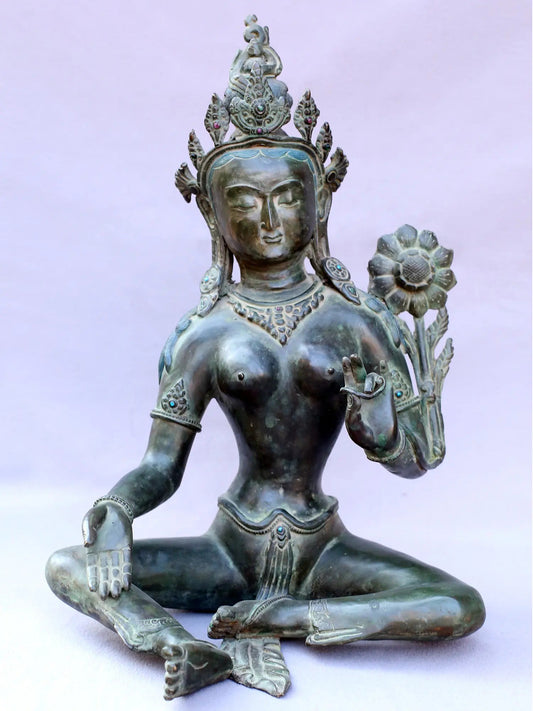 13" Goddess Green Tara Idol From Nepal |  Handmade |  Goddess Green Tara Copper Statue