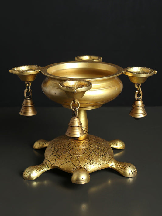 11" Brass Four Wicks Urli Lamp With Bells On Tortoise Base | Handmade Brass Lamp For Gifting