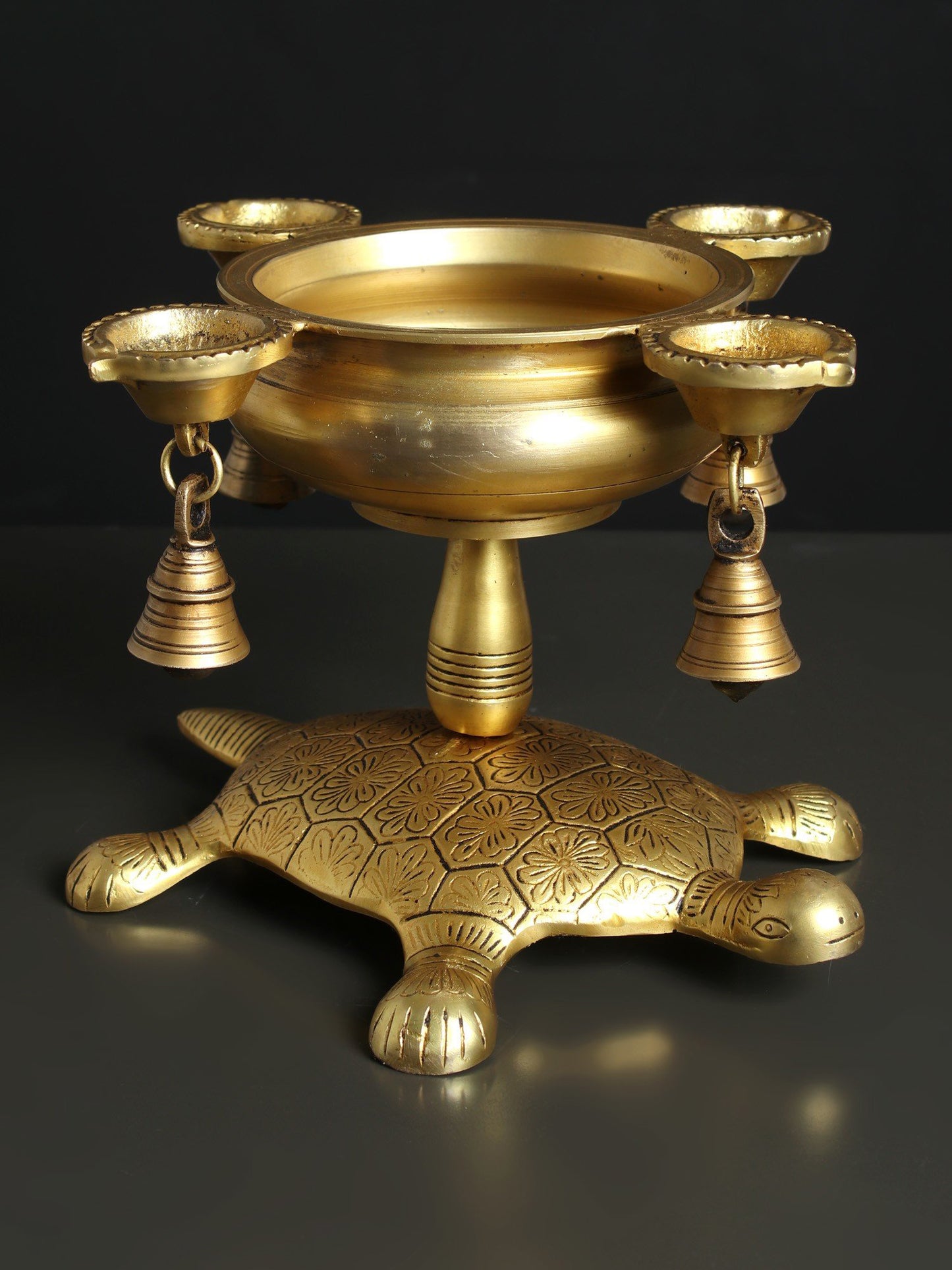 11" Brass Four Wicks Urli Lamp With Bells On Tortoise Base | Handmade Brass Lamp For Gifting