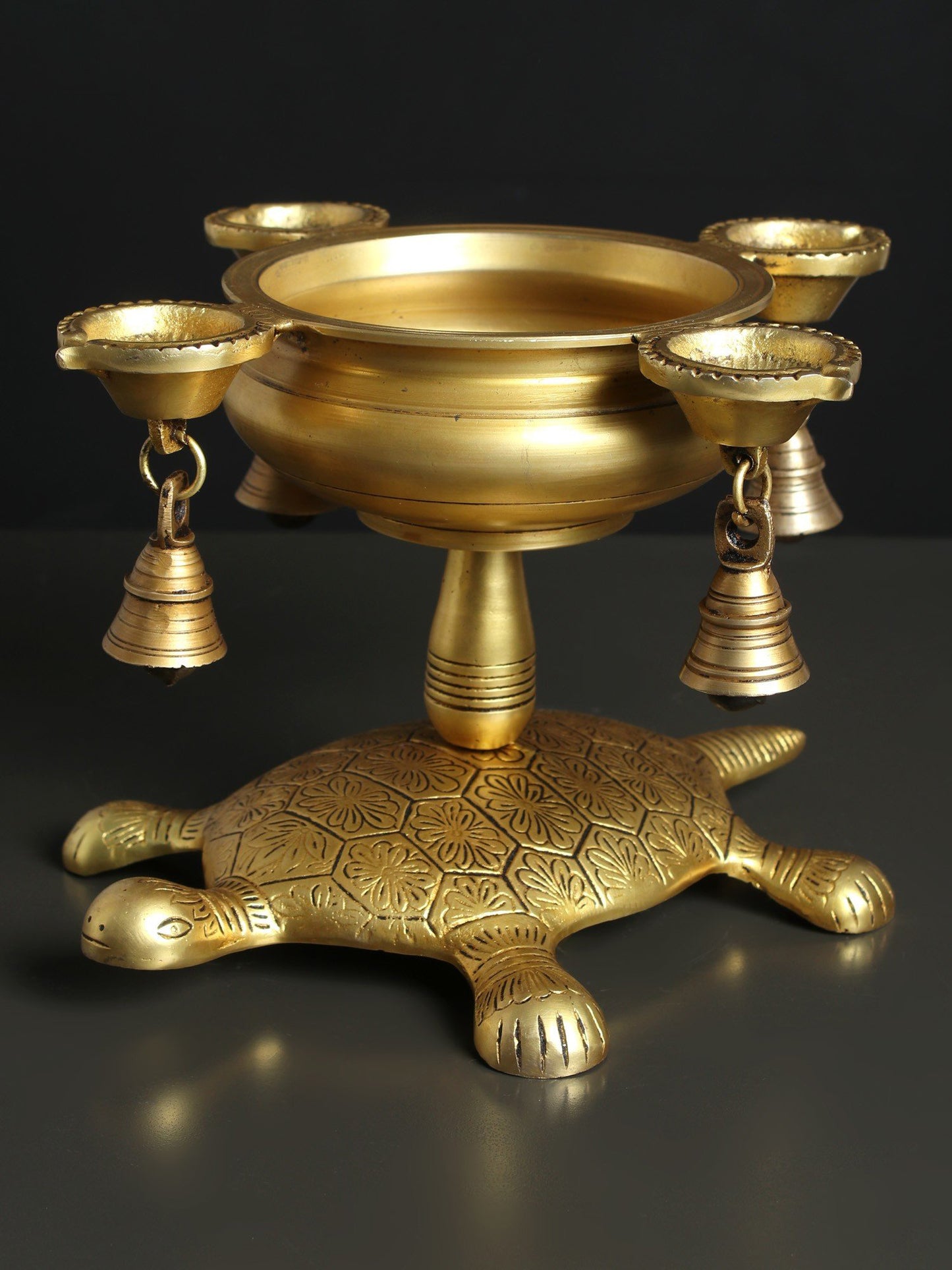 11" Brass Four Wicks Urli Lamp With Bells On Tortoise Base | Handmade Brass Lamp For Gifting