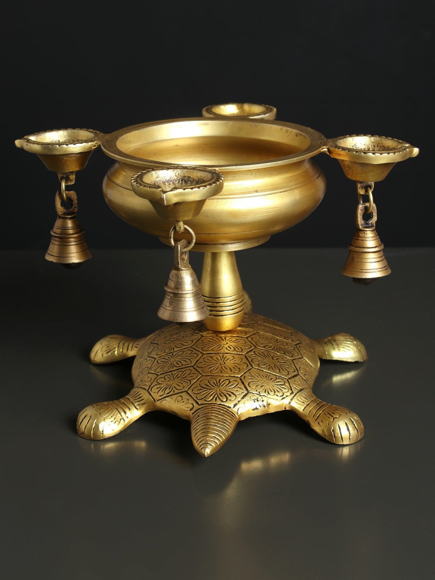 11" Brass Four Wicks Urli Lamp With Bells On Tortoise Base | Handmade Brass Lamp For Gifting