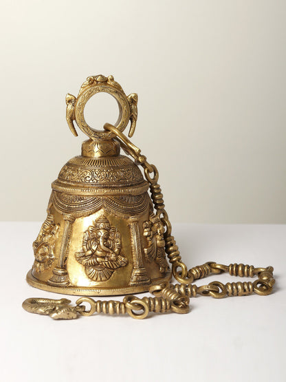 9" Lord Ganesha Ritual Bell In Brass With Chain | Handmade Brass Bell For Gifting And Temple