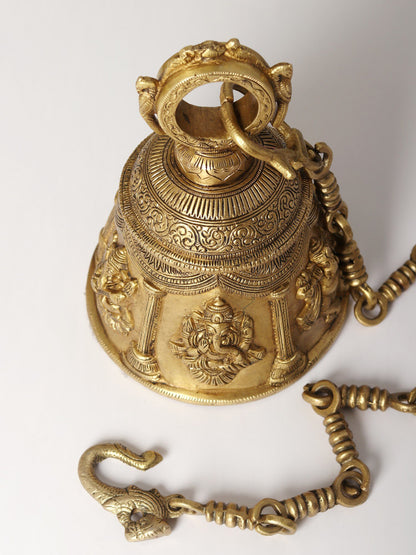 9" Lord Ganesha Ritual Bell In Brass With Chain | Handmade Brass Bell For Gifting And Temple