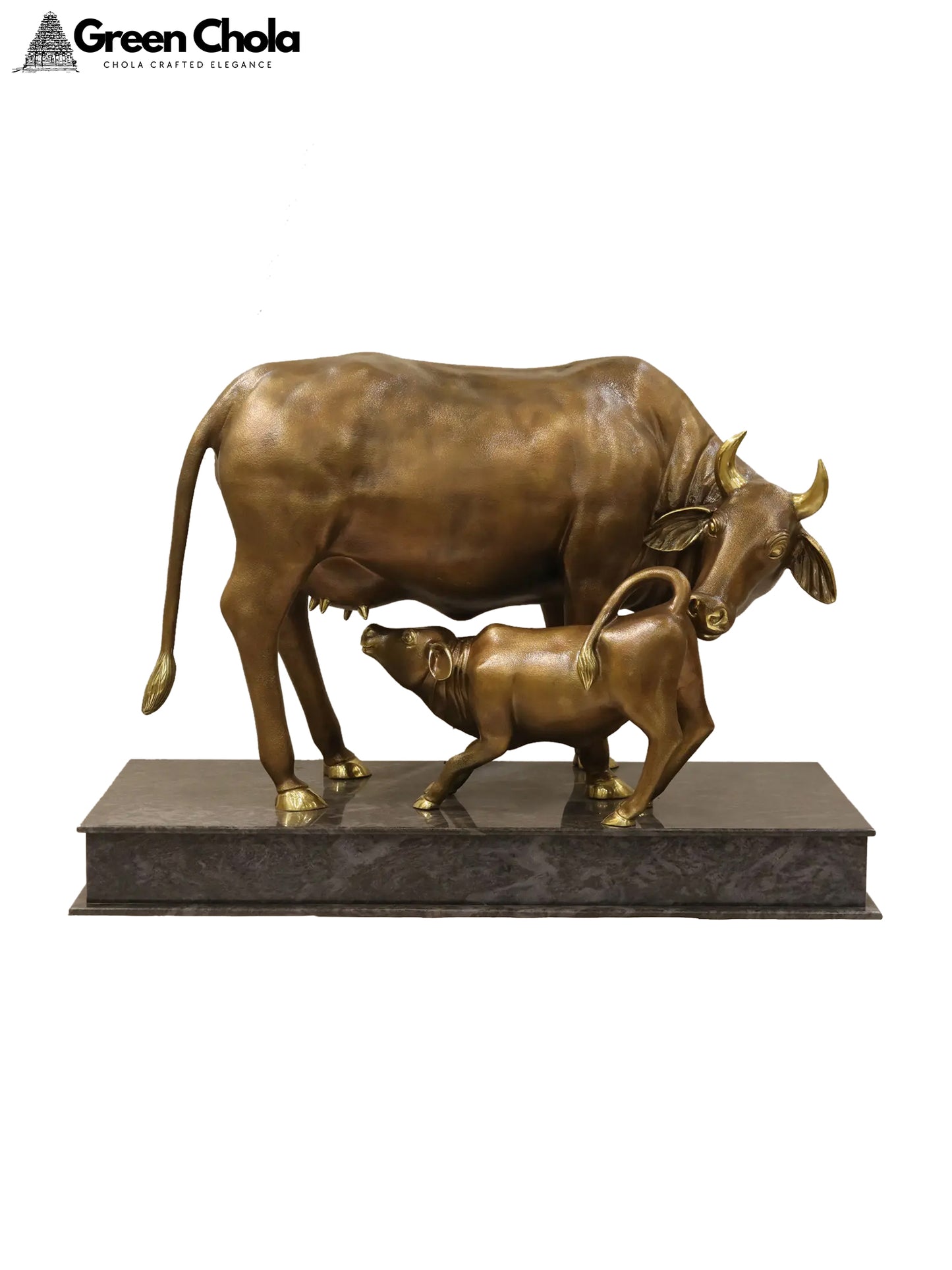 58-Inch Large Brass Cow and Calf Statue on Granite Base