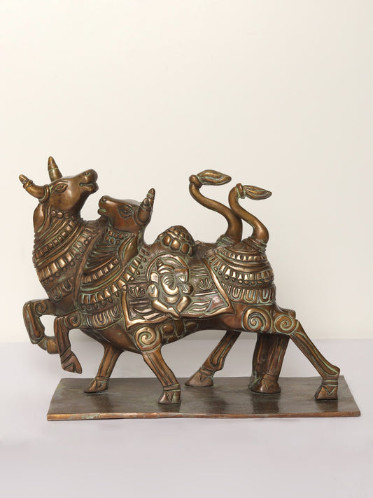 10" Nandi Double Up in Joy with Carved Ganesha on Back | Bronze Statue