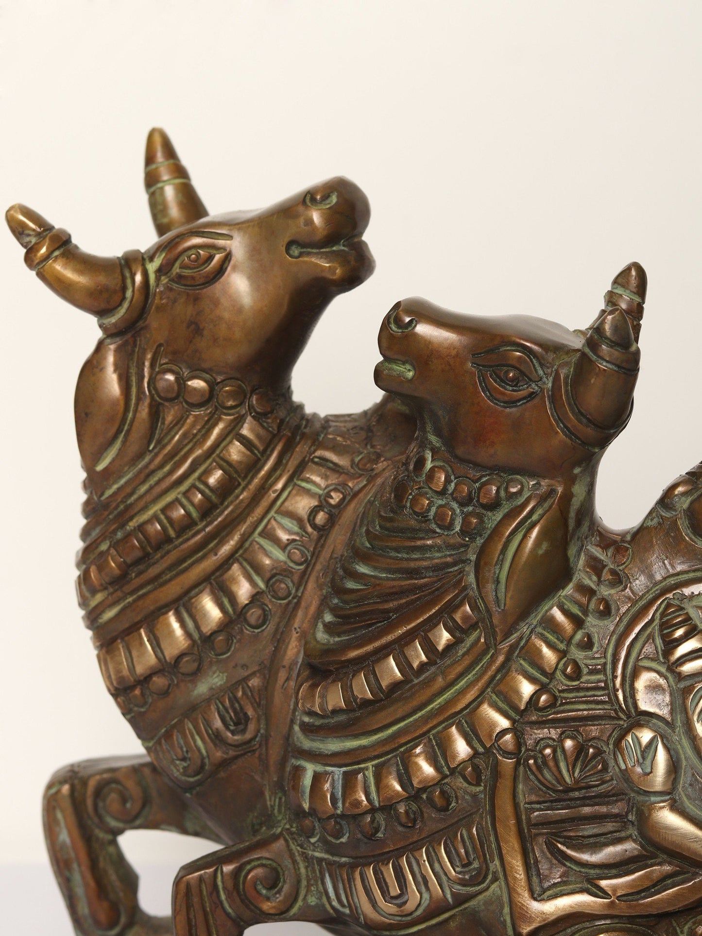 10" Nandi Double Up in Joy with Carved Ganesha on Back | Bronze Statue