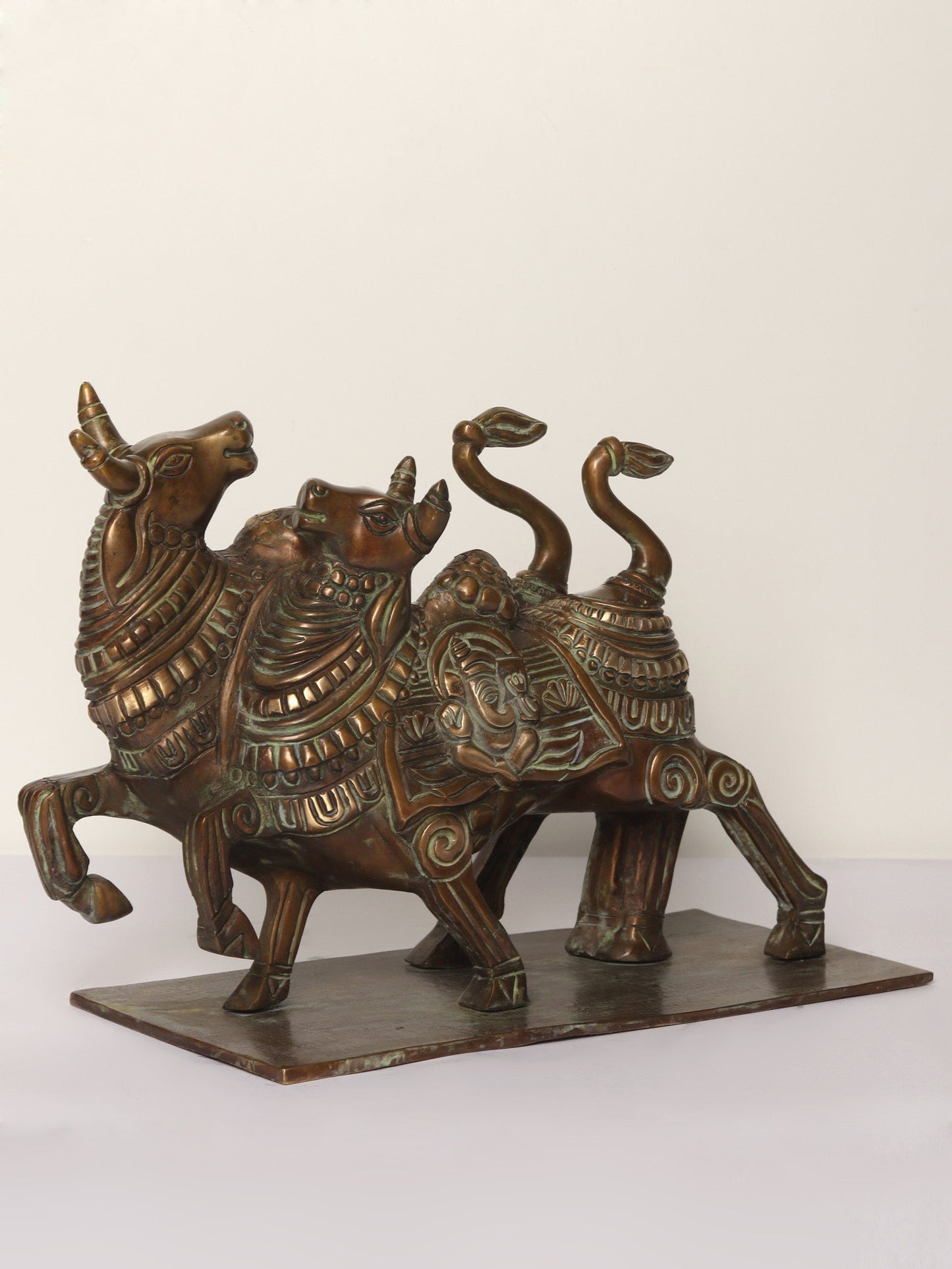 10" Nandi Double Up in Joy with Carved Ganesha on Back | Bronze Statue