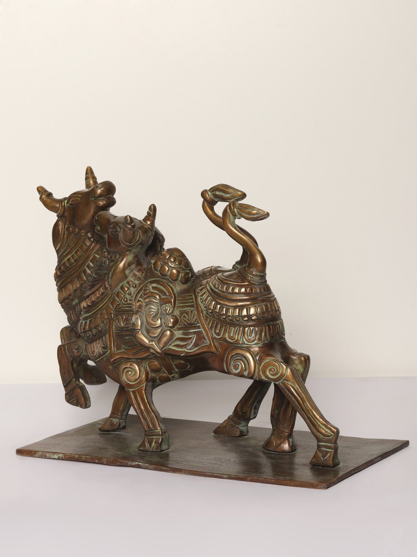 10" Nandi Double Up in Joy with Carved Ganesha on Back | Bronze Statue