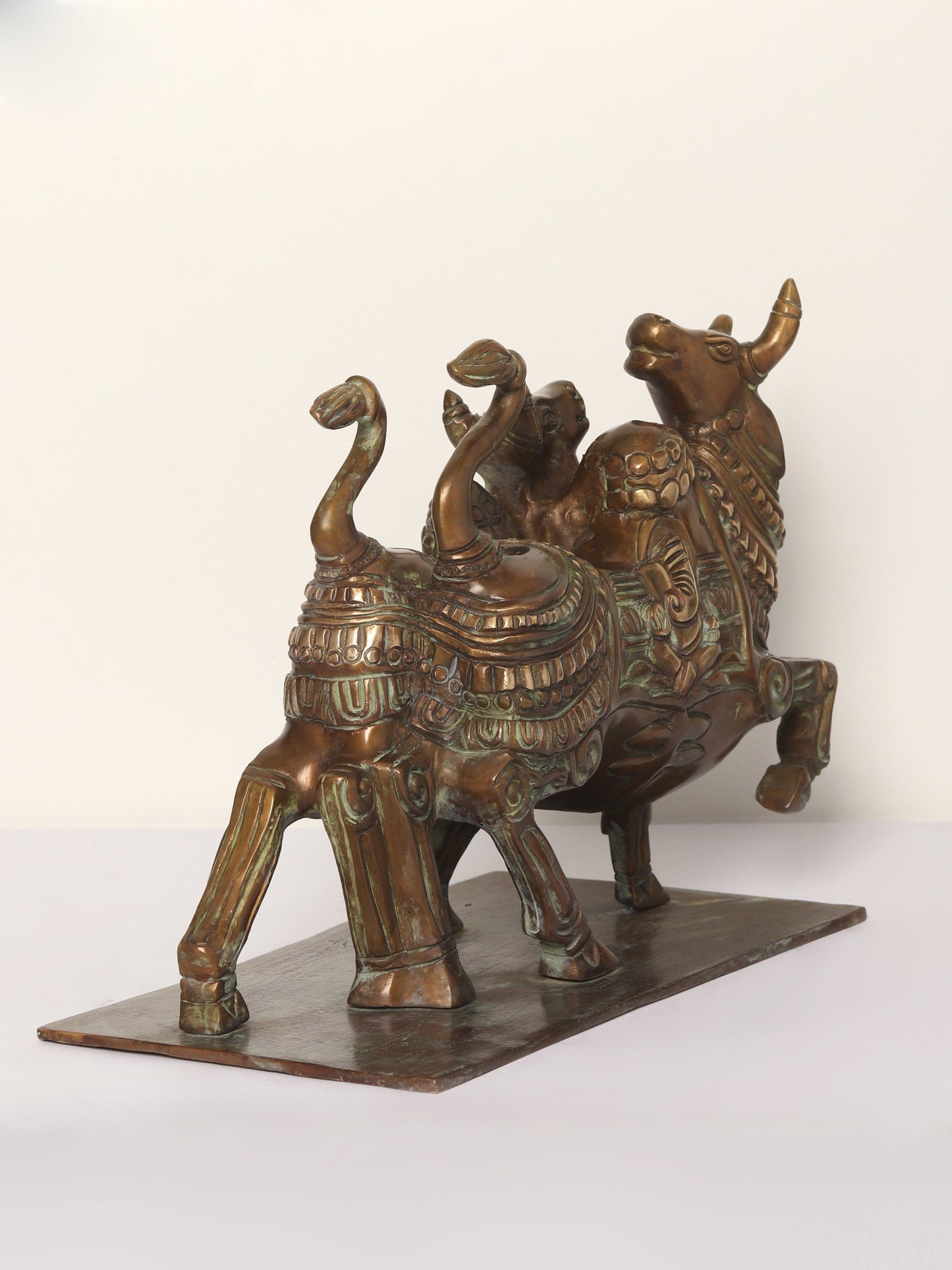 10" Nandi Double Up in Joy with Carved Ganesha on Back | Bronze Statue