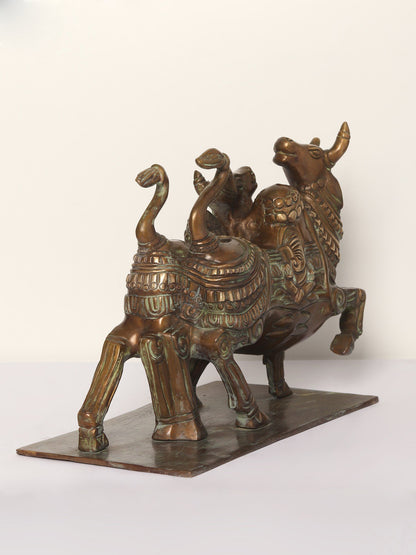 10" Nandi Double Up in Joy with Carved Ganesha on Back | Bronze Statue