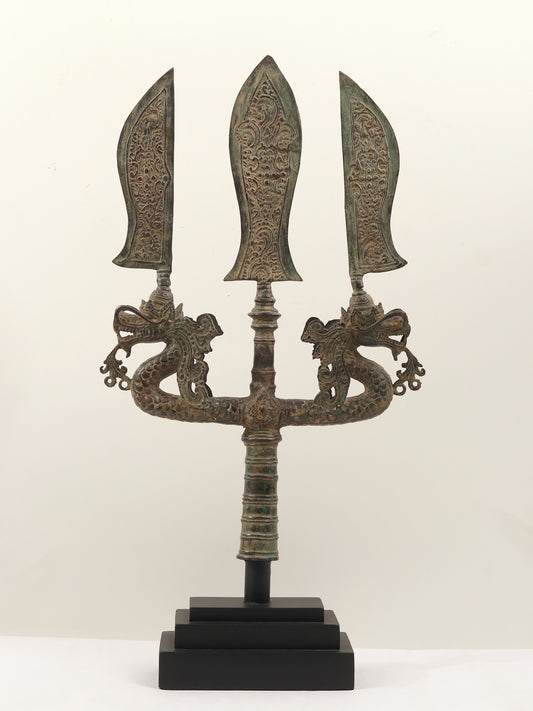 26" Brass Sculpture Trident with Three Swords and Two Dragons on Wooden Base