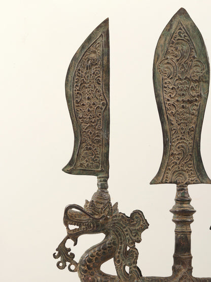 26" Brass Sculpture Trident with Three Swords and Two Dragons on Wooden Base