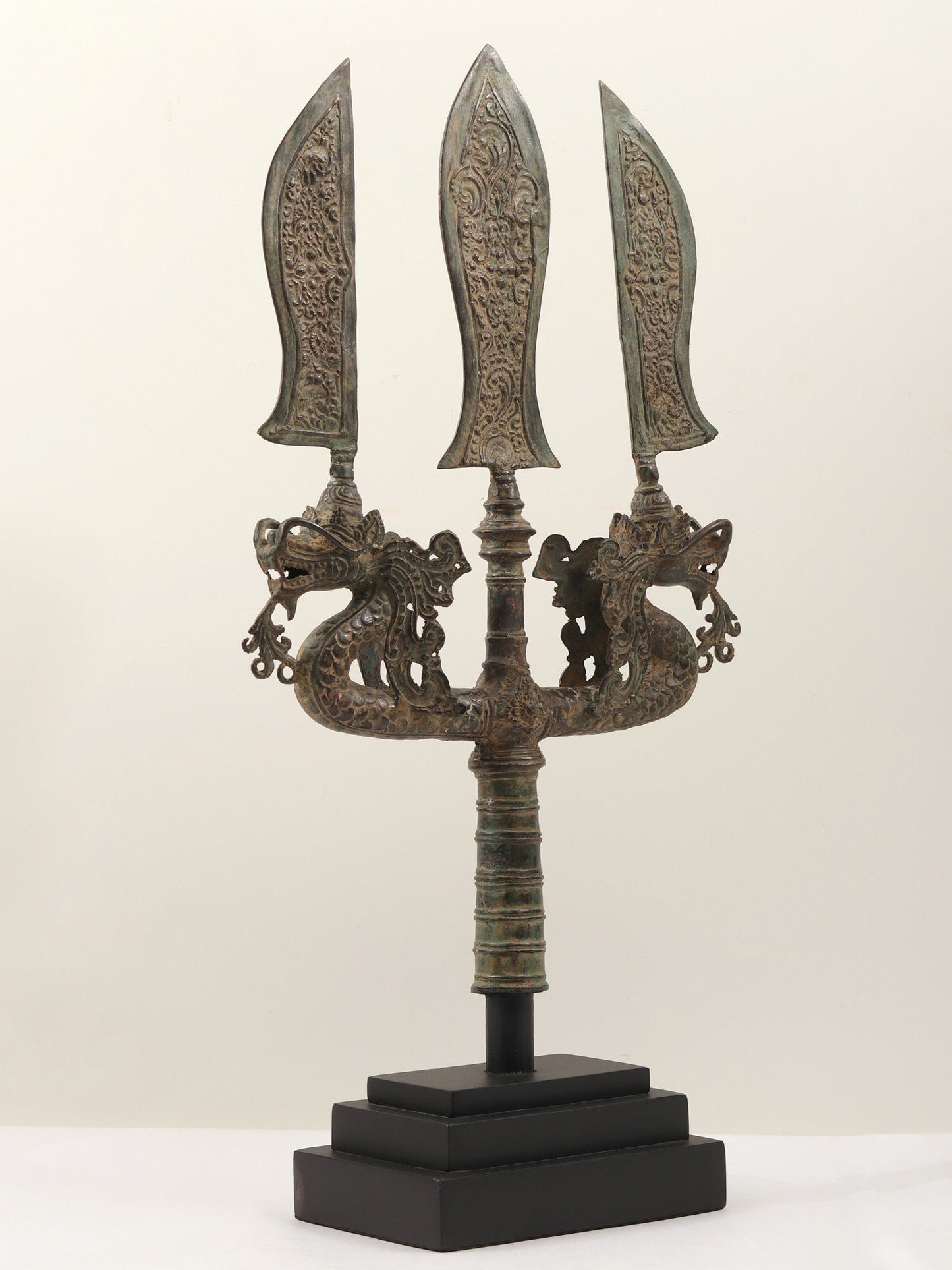 26" Brass Sculpture Trident with Three Swords and Two Dragons on Wooden Base