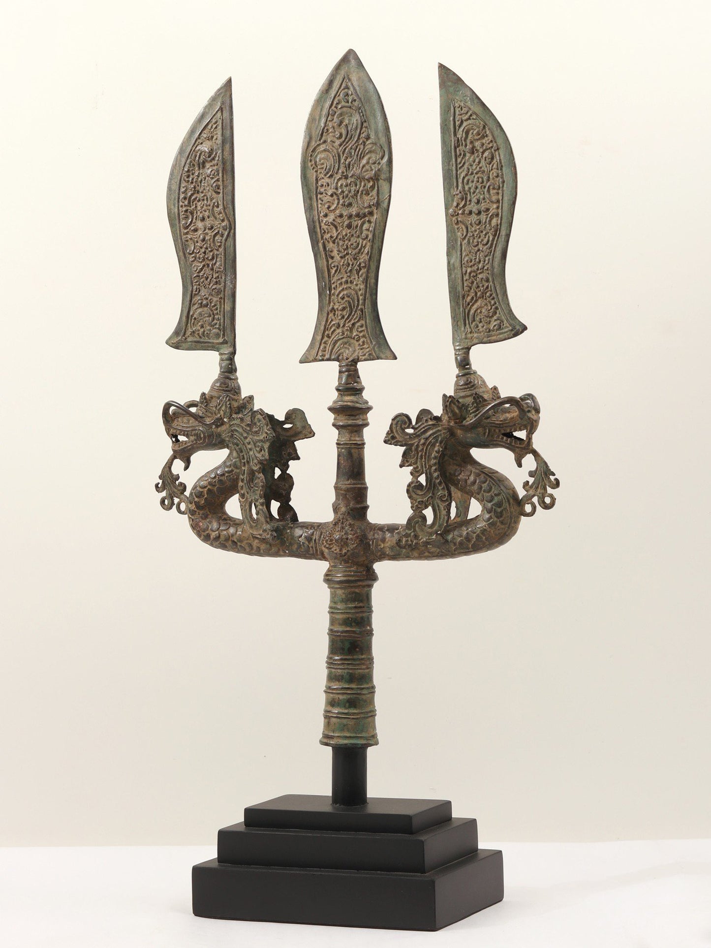 26" Brass Sculpture Trident with Three Swords and Two Dragons on Wooden Base