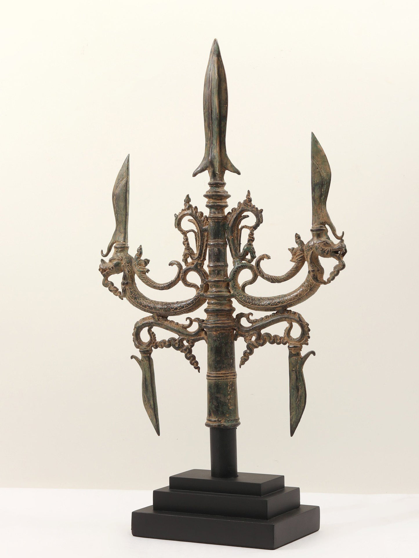 25" Brass Trident Sculpture - Weapon of Lord Shiva On Wooden Base