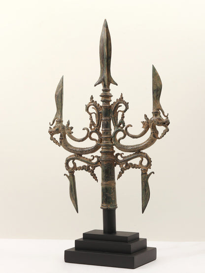 25" Brass Trident Sculpture - Weapon of Lord Shiva On Wooden Base