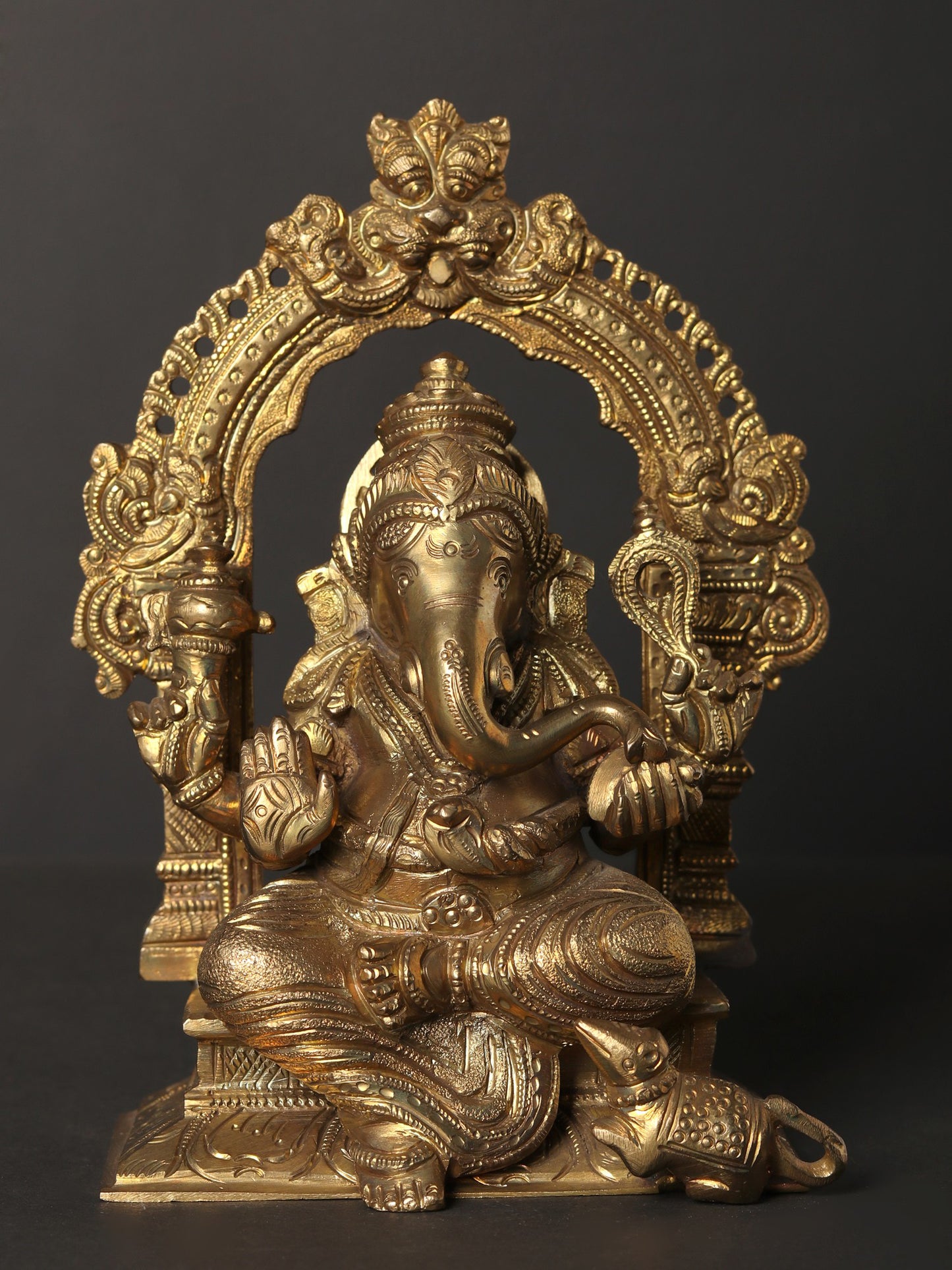 7" Blessing Lord Ganesha Seated On Kirtimukha Throne | Hoysala Art Bronze Statue