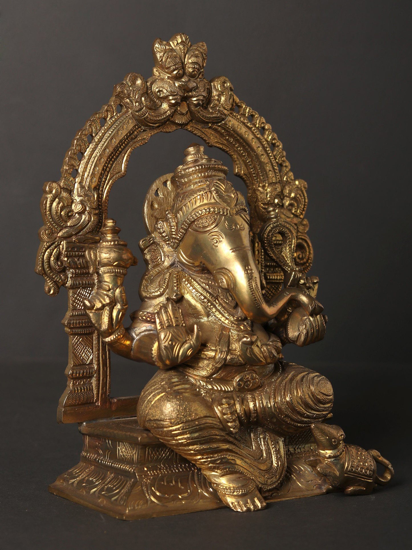 7" Blessing Lord Ganesha Seated On Kirtimukha Throne | Hoysala Art Bronze Statue