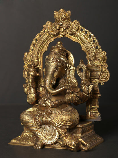 7" Blessing Lord Ganesha Seated On Kirtimukha Throne | Hoysala Art Bronze Statue