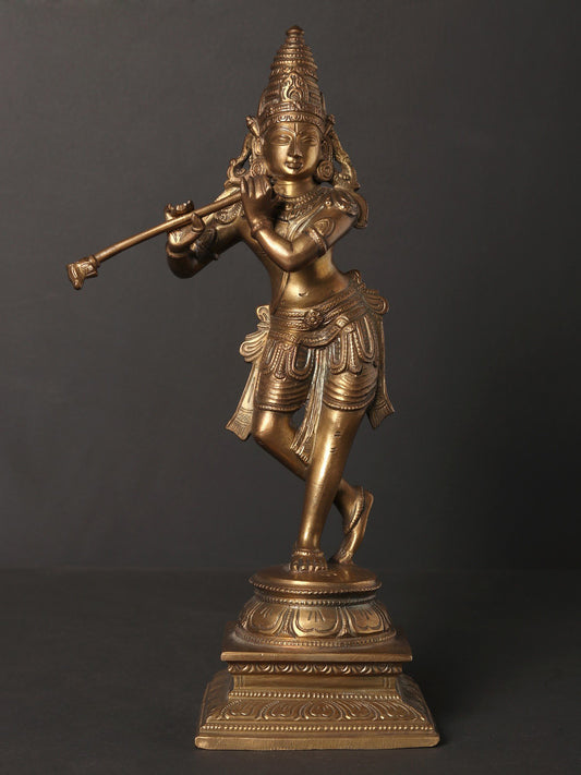 11" Standing Lord Krishna With Flute | Decorative Bronze Idol | Figurine For Gifting | Bronze Statue For Temple