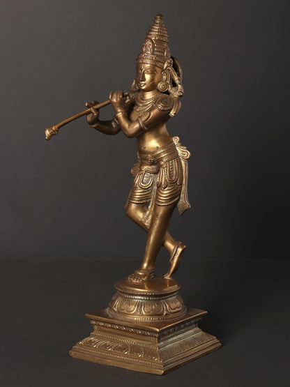 11" Standing Lord Krishna With Flute | Decorative Bronze Idol | Figurine For Gifting | Bronze Statue For Temple