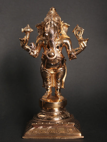 9" Standing Four-Armed Lord Ganesha With Vaishnava Symbols | Decorative Bronze Idol | Figurine For Gifting | Bronze Statue For Temple