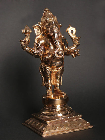 9" Standing Four-Armed Lord Ganesha With Vaishnava Symbols | Decorative Bronze Idol | Figurine For Gifting | Bronze Statue For Temple