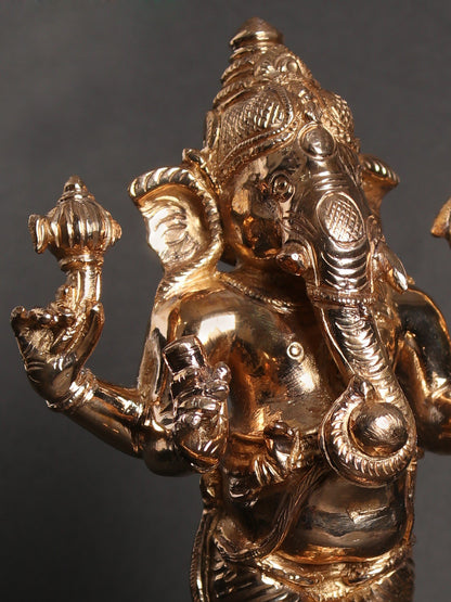 9" Standing Four-Armed Lord Ganesha With Vaishnava Symbols | Decorative Bronze Idol | Figurine For Gifting | Bronze Statue For Temple