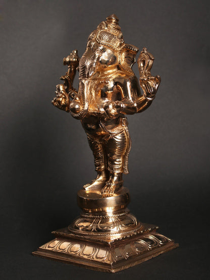 9" Standing Four-Armed Lord Ganesha With Vaishnava Symbols | Decorative Bronze Idol | Figurine For Gifting | Bronze Statue For Temple