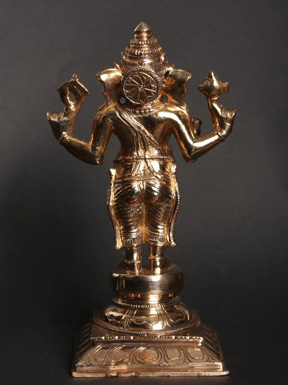 9" Standing Four-Armed Lord Ganesha With Vaishnava Symbols | Decorative Bronze Idol | Figurine For Gifting | Bronze Statue For Temple