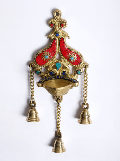 11" Designer Wall Hanging Diya With Bells | Brass Lamp With Inlay Work