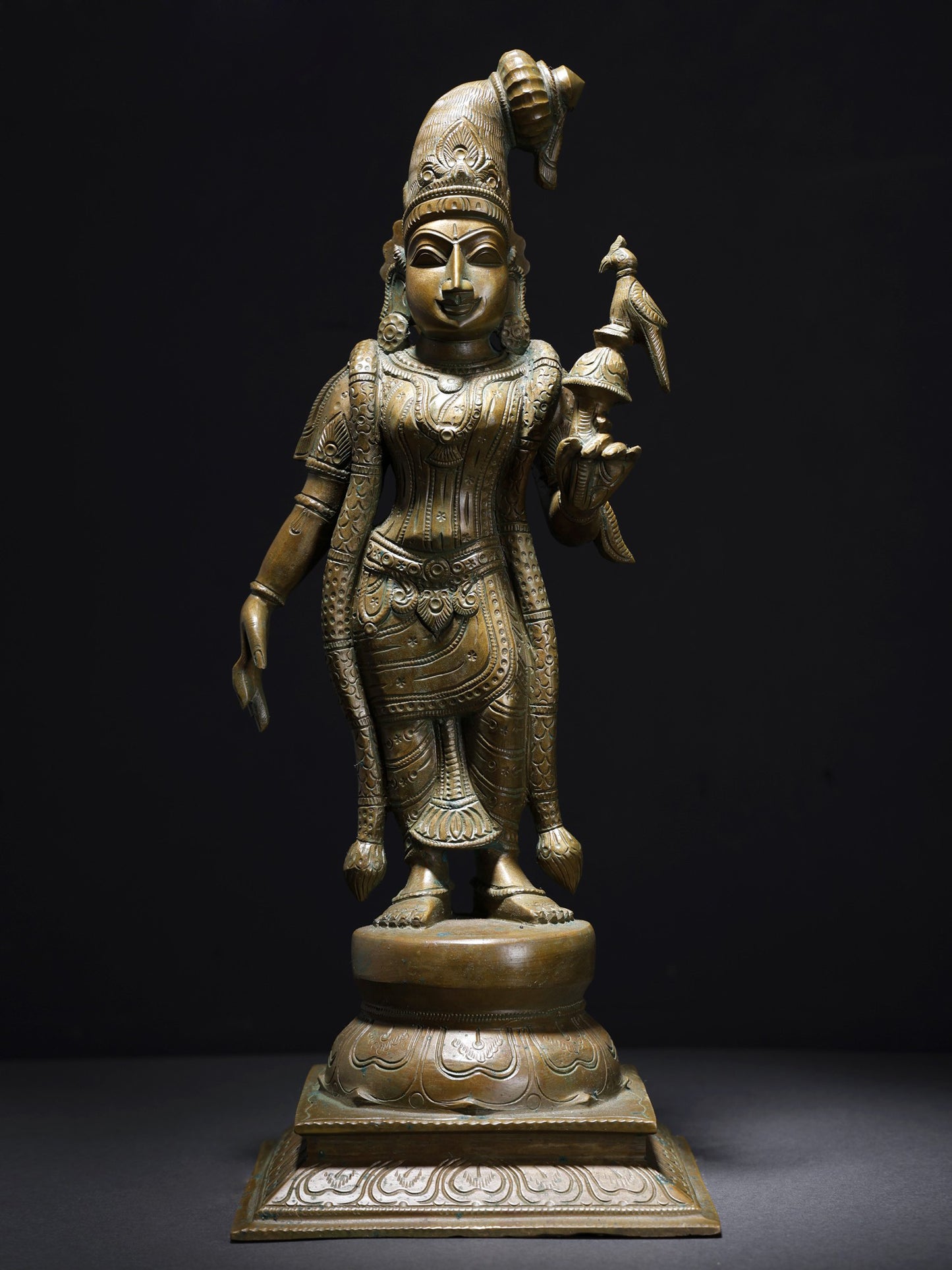 18" Standing Goddess Andal With Parrot | Handmade Bonze Statue