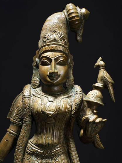 18" Standing Goddess Andal With Parrot | Handmade Bonze Statue