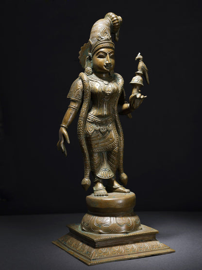 18" Standing Goddess Andal With Parrot | Handmade Bonze Statue