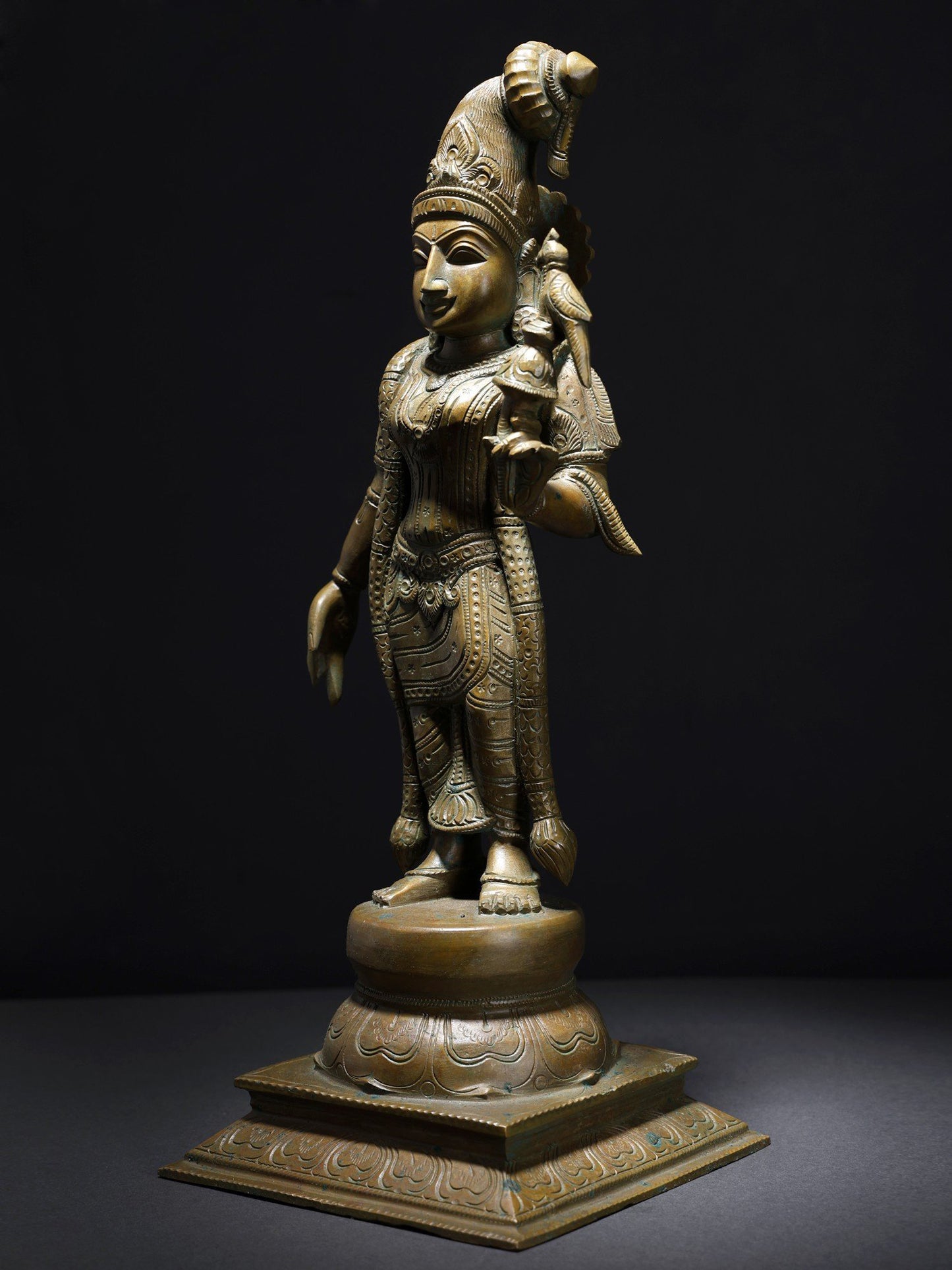 18" Standing Goddess Andal With Parrot | Handmade Bonze Statue