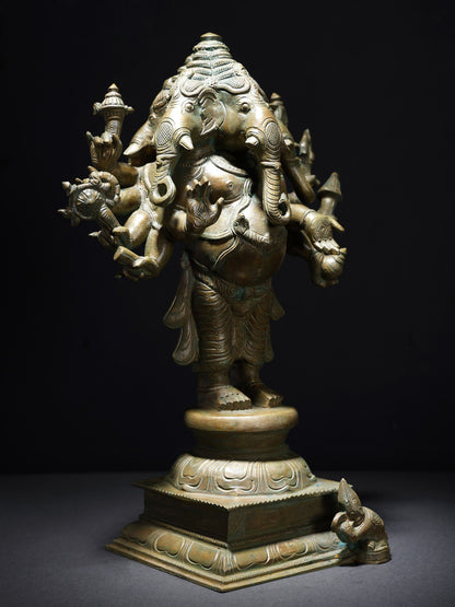 16" Standing Ten Armed Panchamukhi Lord Ganesha | Handmade Bronze Statue