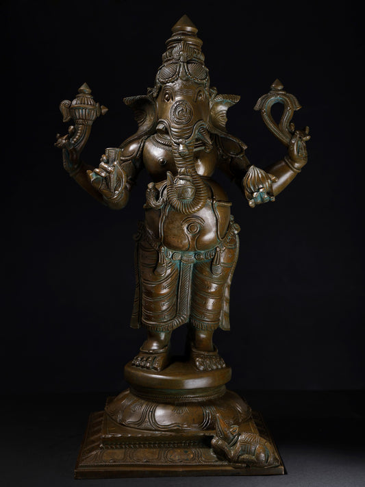 21" Standing Chaturbhuja Lord Ganesha With Vaishnava Symbols And Modaka | Bronze Statue