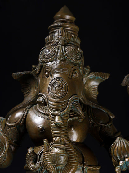 21" Standing Chaturbhuja Lord Ganesha With Vaishnava Symbols And Modaka | Bronze Statue