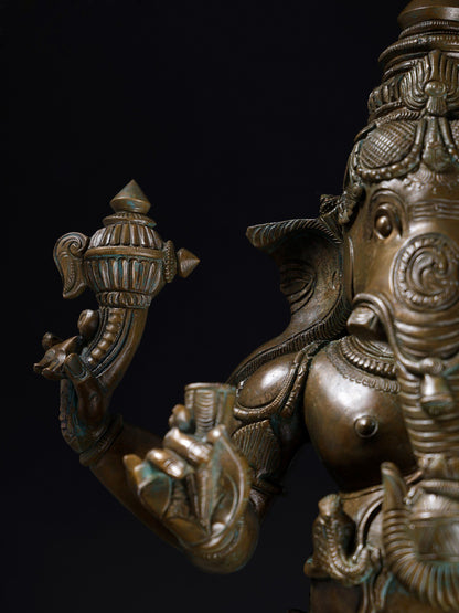 21" Standing Chaturbhuja Lord Ganesha With Vaishnava Symbols And Modaka | Bronze Statue