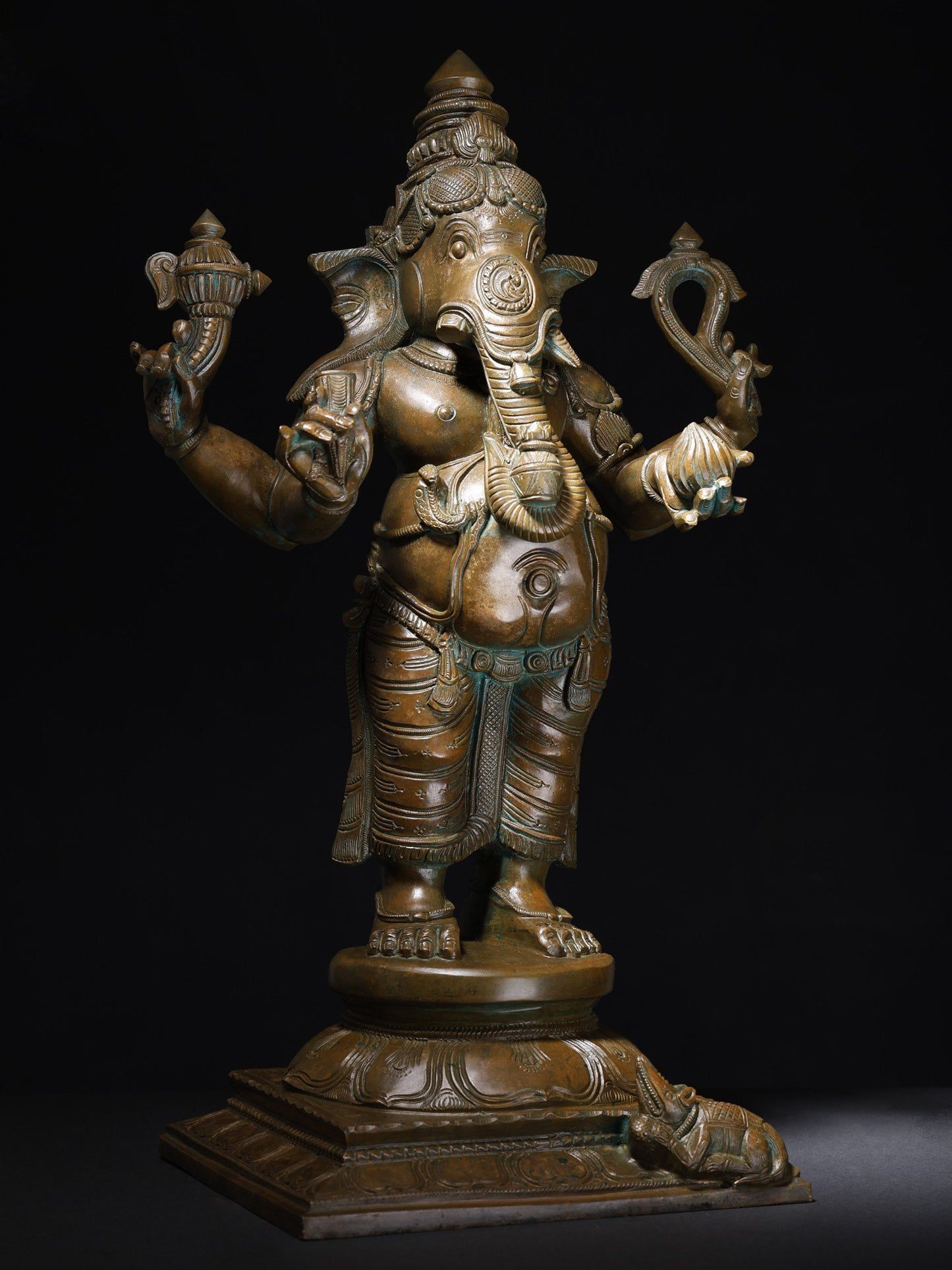 21" Standing Chaturbhuja Lord Ganesha With Vaishnava Symbols And Modaka | Bronze Statue