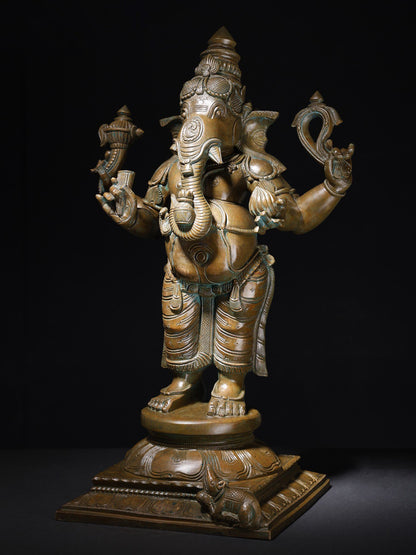 21" Standing Chaturbhuja Lord Ganesha With Vaishnava Symbols And Modaka | Bronze Statue