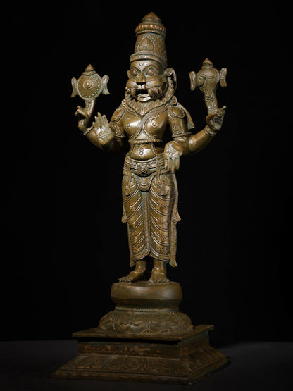 18" Standing Lord Narasimha in Blessing Gesture | Handmade Bronze Statue