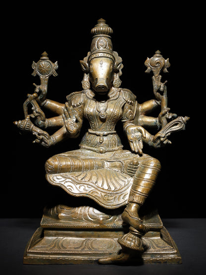 12" Eight Armed Sitting Goddess Varahi  | Handmade Goddess Statue  |  Bronze Statue